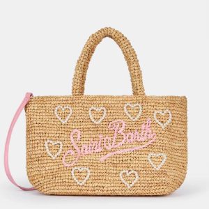 BORSA MIDI BEACH IN RAFIA DECORATA CON POCHETTE DI COTONE