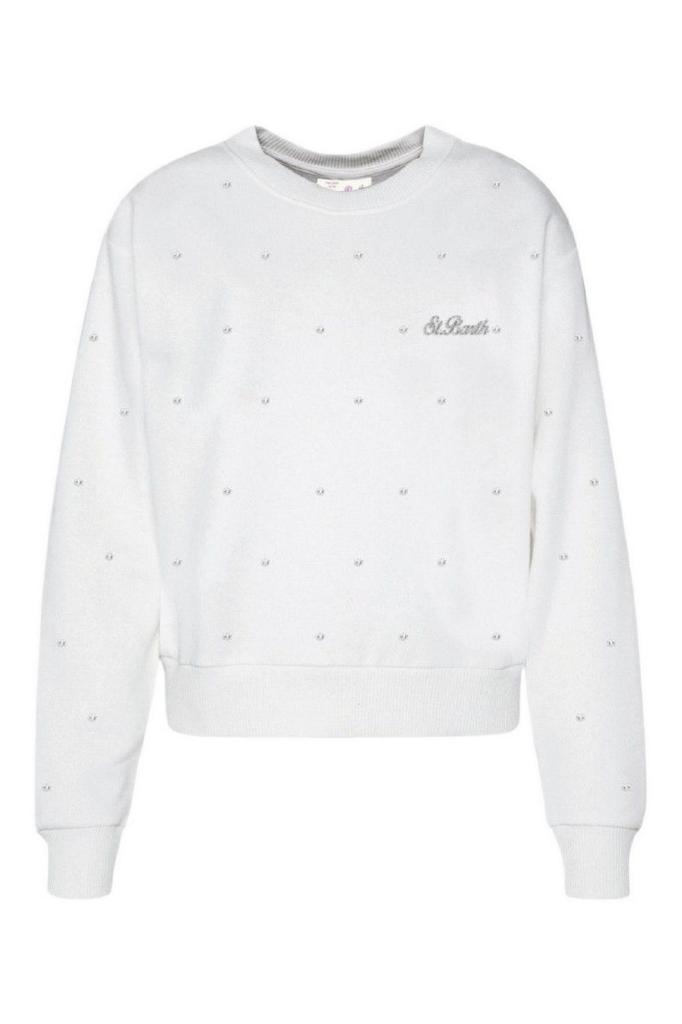 Mc2 Saint Barth Felpa Casey Crop Crewneck All Over Strass White