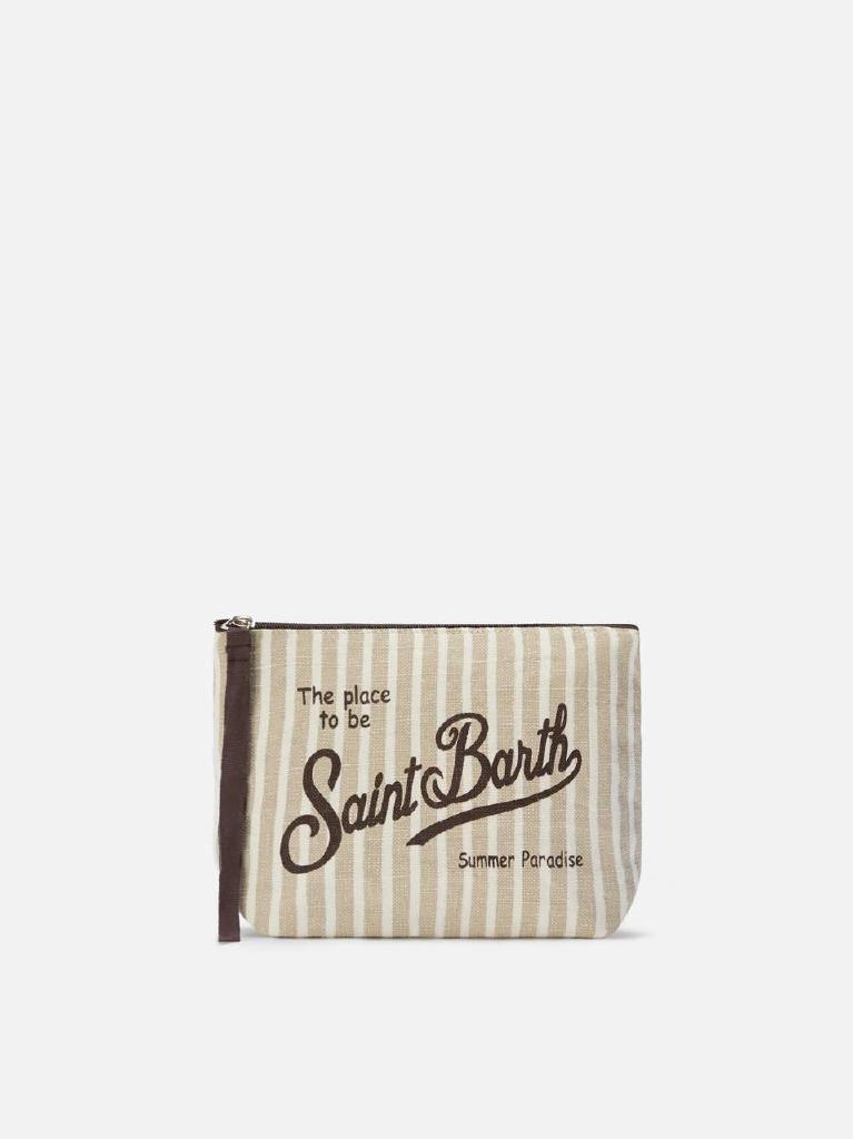 Pochette Aline in lino con fantasia a righe beige