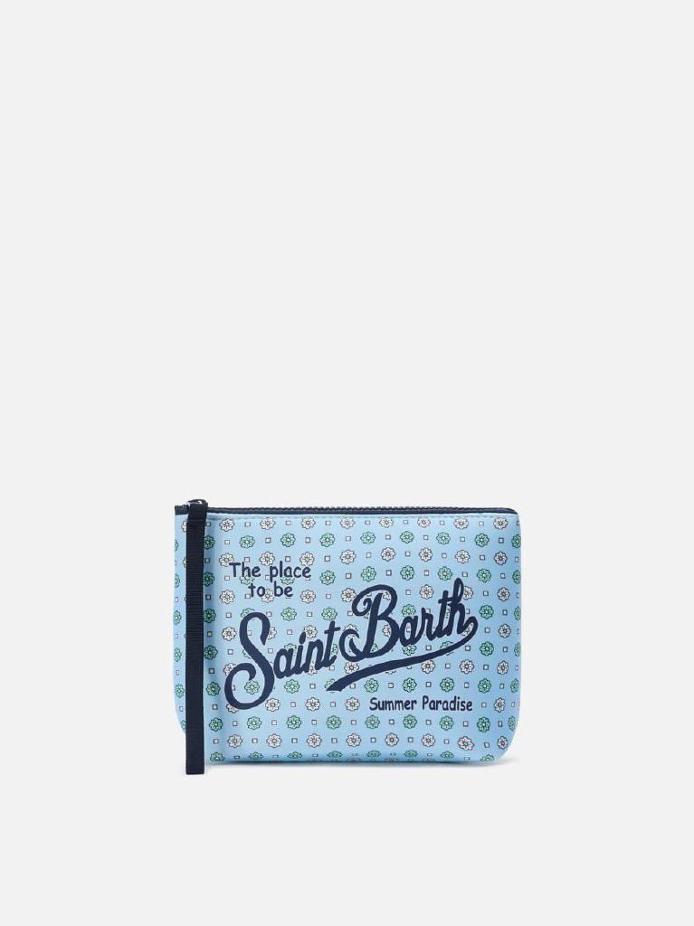 Pochette Aline in scuba azzurra con stampa a fiori all-over