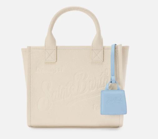Bag charm in pelle liscia azzurro con logo impresso