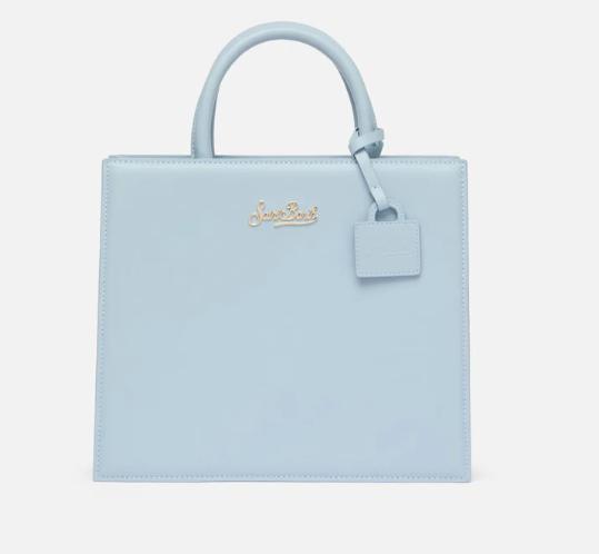 Borsa Shop Midi strutturata in pelle liscia azzurra con targhetta metallica