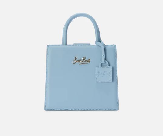 Borsa Shop mini strutturata in pelle liscia azzurra con targhetta metallica