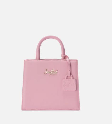 Borsa Shop mini strutturata in pelle liscia rosa con targhetta metallica