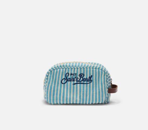 Beauty Bag Westwood in lino con fantasia a righe azzurro e bianco
