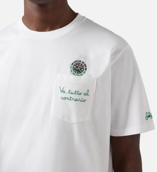 T-shirt Austin bianca con orologio e ricamo Va Tutto Al Contrario