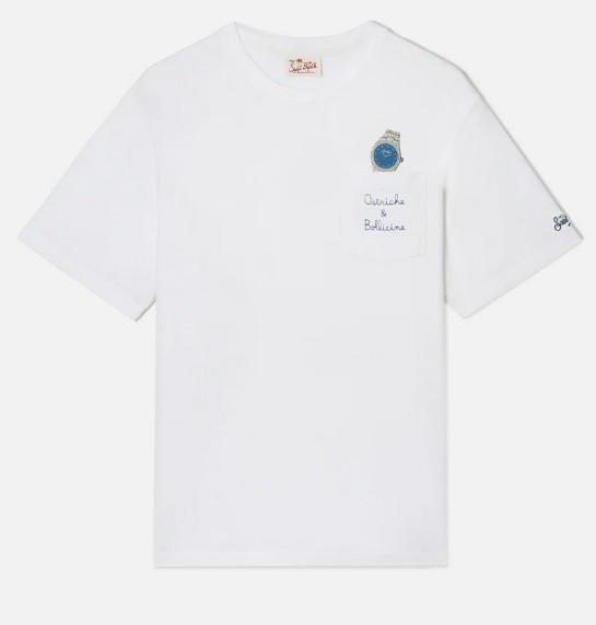 T-shirt Austin bianca con orologio e ricamo Ostriche e Bollicine