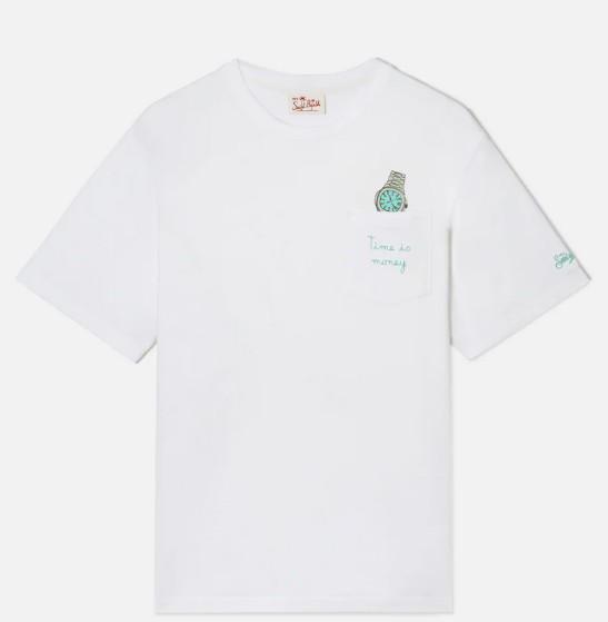 T-shirt Austin bianca con orologio e ricamo Time Is Money