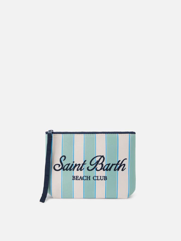 Pochette Aline in scuba a righe verde menta e logo Beach Club