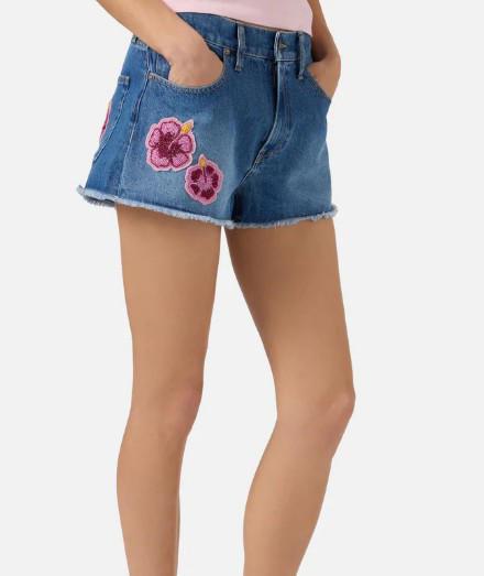 Shorts Musa in denim con patch floreali ricamate