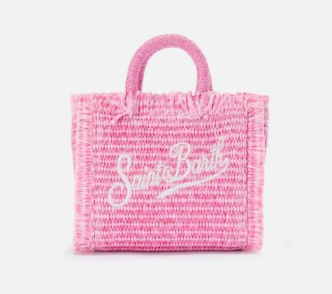 Borsa Vanity micro effetto paglia con dettagli rosa