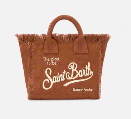 Borsa Vanity mini in lino marrone tinta unita con tracolla removibile