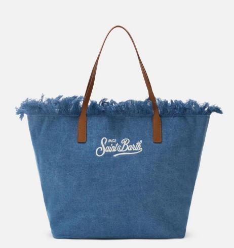 Borsa City regular in tessuto denim con frange