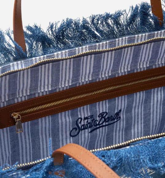 Borsa City regular in tessuto denim con frange