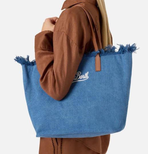 Borsa City regular in tessuto denim con frange