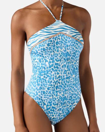 Costume intero Meryem con stampa animalier leopardata azzurra