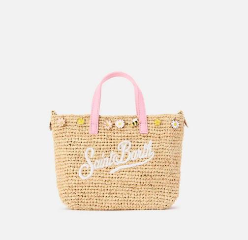 Borsa City mini in raffia con charms applicati e logo ricamato