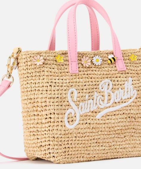 Borsa City mini in raffia con charms applicati e logo ricamato