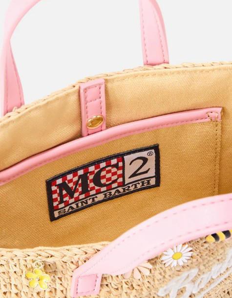 Borsa City mini in raffia con charms applicati e logo ricamato